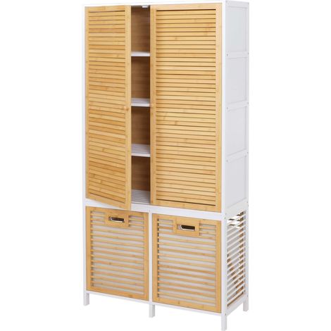 [NEUWERTIG] Bambus-Badezimmerschrank HHG-595, Badregal Schrank, 2 Wäschekörbe 2 Türen MVG 68x82x34cm natur-weiß, Korb natur (1/5)