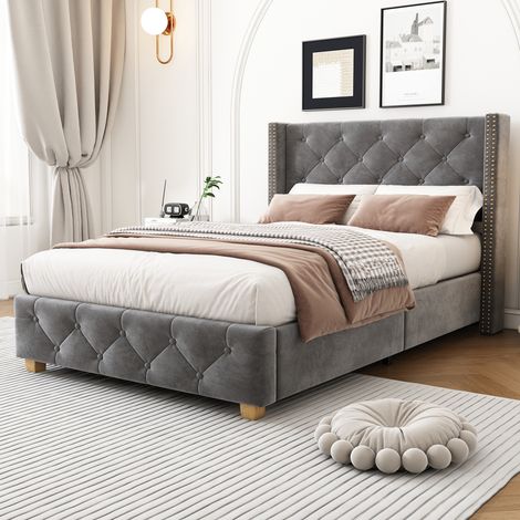 Upholstered bed,Single Bed-3ft(90190cm) ,With slatted frame and headboard, Button upholstery, Rivet upholstery, Wooden legs, Velvet, Grey