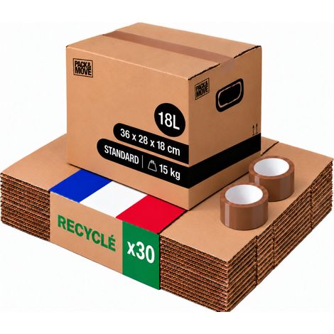 Pack and Move - Lot 30 Cartons Déménagement Stockage S - 36 x 28 x 18 cm - Poignées renforcées - 2 adhésifs offerts