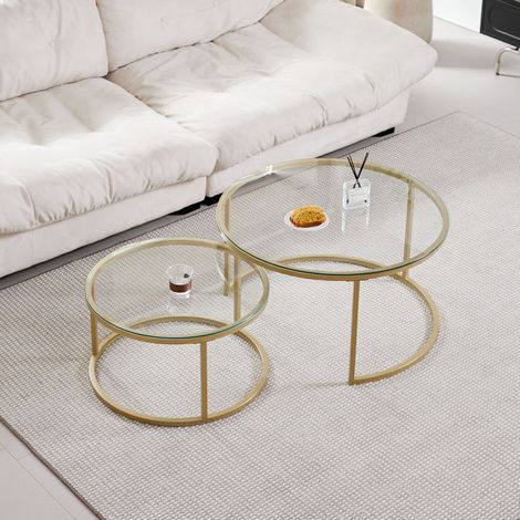 Wokaka Tavolino in Stile Scandinavo / Set di 2 Tavolini Sovrapponibili - Rotondo, Piano in Vetro e Gambe in Metallo