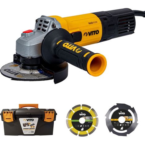 Meuleuse angulaire 850W 115mm + Disque coupe bois et PVC + Disque Diamant laser + Boîte à outils VITO