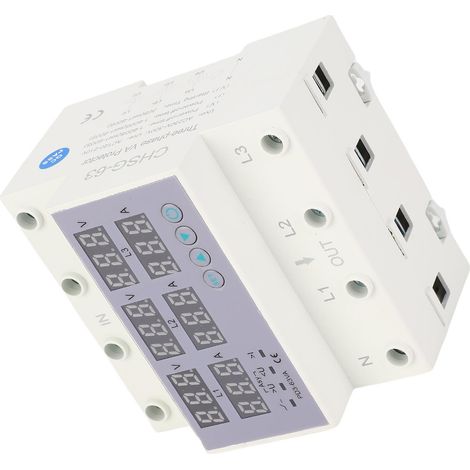 Module de Protection Triphasé pour Rail DIN - Voltmètre/Ampèremètre, Protection Surtension/Surintensité, 390-500V AC, 63A