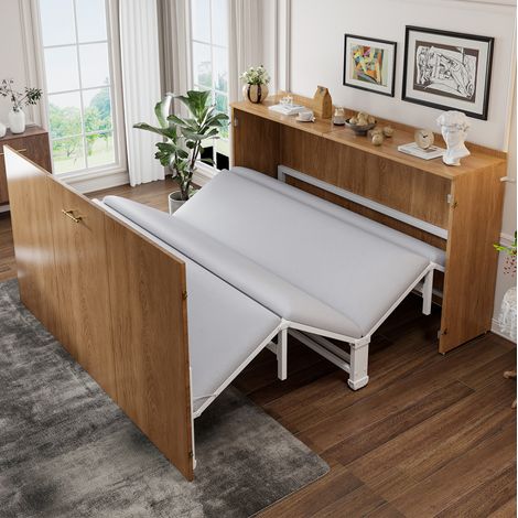 Lit escamotable 140x200 cm adulte avec matelas en lin, structure métal et bois, roulettes silencieuses - bois (1/5)