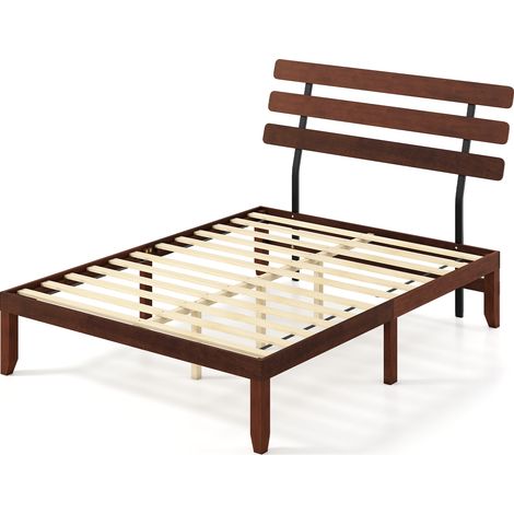 COSTWAY King Size Bed Frame Solid Wood Platform Bed w/Retro Headboard-Walnut (1/5)