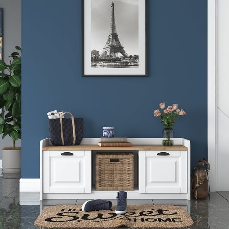 Mueble para Zapatos Moderno de 120x45x40 cm con Estantes y Puertas en MDF en Color Blanco y Nogal (1/5)