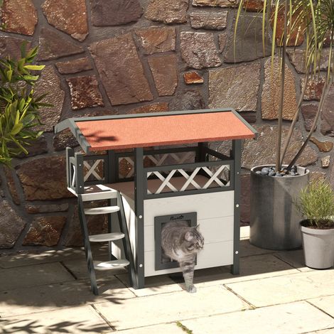 Niche de style chalet pour chats errants, avec terrasse et escalier, 77 x 50 x 73 cm, blanche et rouge (1/5)