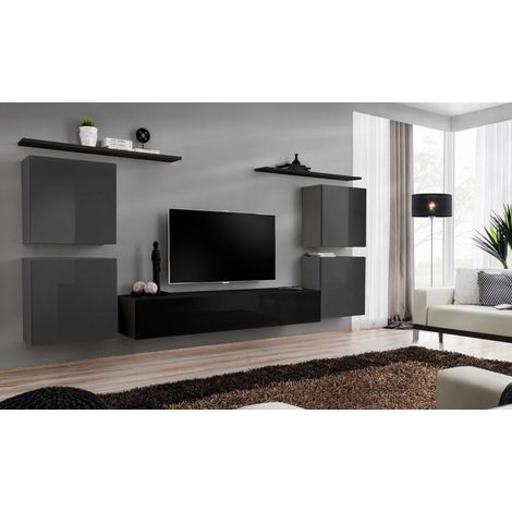 Ensemble mural - Switch IV - 1 vitrine - 1 banc TV - 2 étagères - Noir et graphite - Modèle 1 - Livraison gratuite