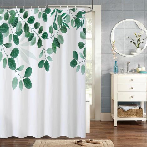 140x180cm Vert Feuilles Rideau De Douche Printemps Aquarelle Plante Florale Eucalyptus Rond Feuille Verte Rideau De Douche pour Salle De Bain Tissu Polyester Imperméable Ensemble (1/4)