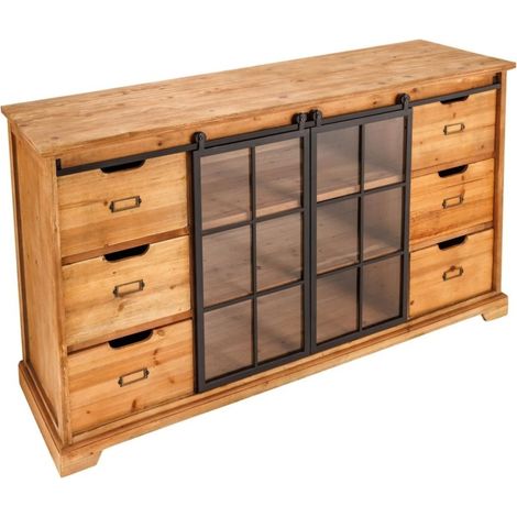 Buffet LUMBER 148 cm aus Kiefernholz – 2 Schiebetüren mit Glas und 6 Schubladen (1/5)