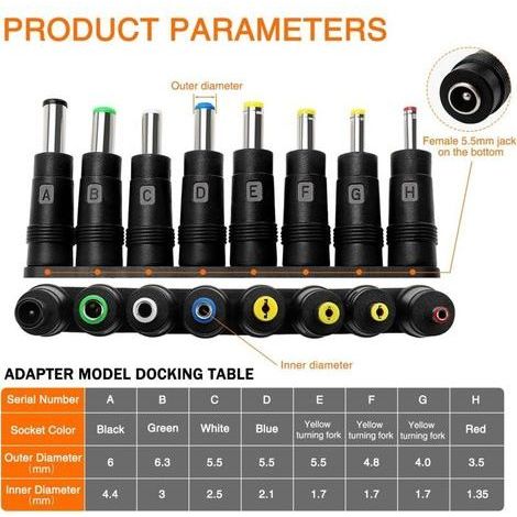 8-en-1 Adaptateur d'alimentation DC pour Ordinateur Portable, 5.5x2.1 mm Femelle à Mâle Adaptateur, avec Connecteur DC Mâle Femelle (1/3)