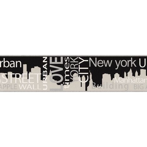 Frise murale écritures métallique | Frise papier peint moderne New York | Frise tapisserie noir et gris pour chambre d'ado - 5,00 x 0,13 m (1/4)
