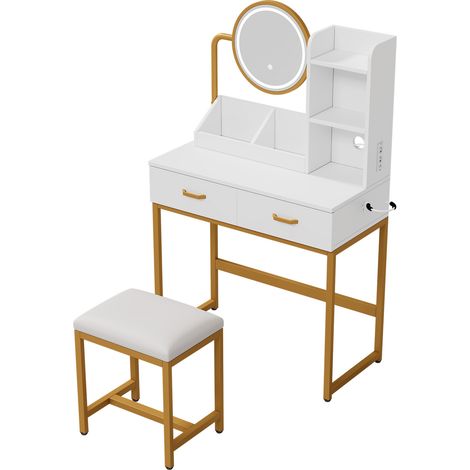 Coiffeuse moderne avec éclairage LED, miroir pivotant, prises intégrées, tabouret et pieds métalliques dorés - 80×138,5×40 cm, blanc (1/5)