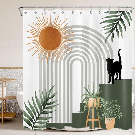 Bohème Milieu du siècle Rideaux de Douche 180x180cm Gris Rayé Vert Plante Chat Noir Rideaux de Bain avec Crochets,Abstrait Moderne Imperméable Polyester Anti Moule Salle de Bain Décor (1/5)