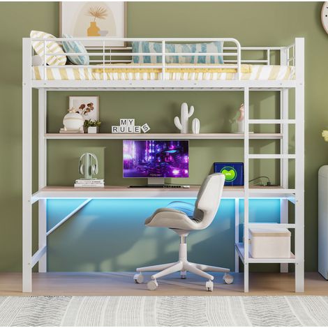 MEUBLIV Cama alta 90x200 cm blanca – escritorio, LED, USB y enchufe, sin colchón (1/5)