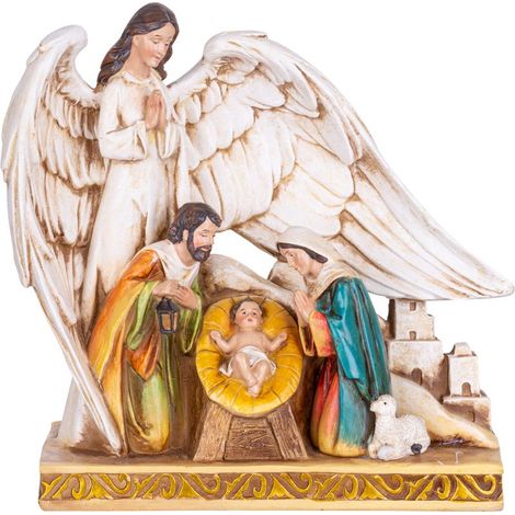 Dekoration MagicHome Weihnachten, Heilige Familie unter Engelsflügeln, Polyresin, 21,5 cm (1/2)