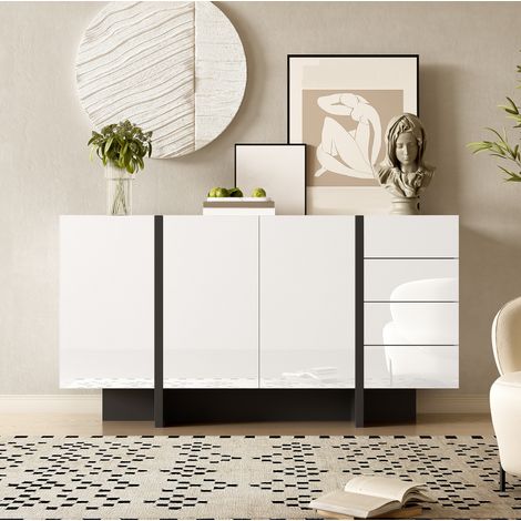 Aparador 150x40x80.5 cm blanco y negro en MDF y tablero de partículas con 2 puertas y 4 cajones (1/5)