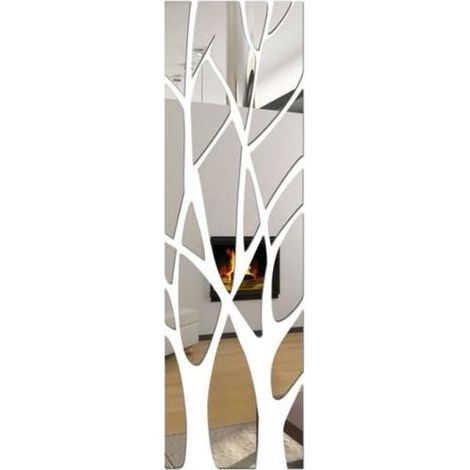 Mirror wall sticker 3D in acrylic silver – Pattern branches of shaft – Dimensions 28 x 99 cm – Decoration wall-mounted for living room and bedroom (1/5)