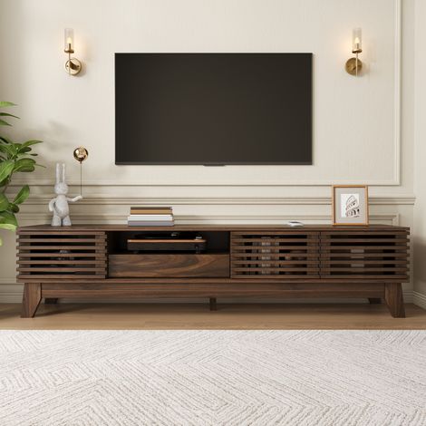 Mueble bajo para TV, mesa para TV, armario para TV, tablero para TV, mueble para TV, mueble multimedia con 3 puertas, cajón y compartimentos abiertos, frontal ranurado, MDF, mueble moderno para TV par (1/5)