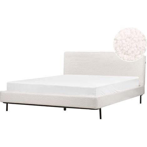 Lit Double Moderne avec Tête de Lit et Sommier Lattes 160 x 200 cm en Tissu Bouclé Blanc Cassé Corio
