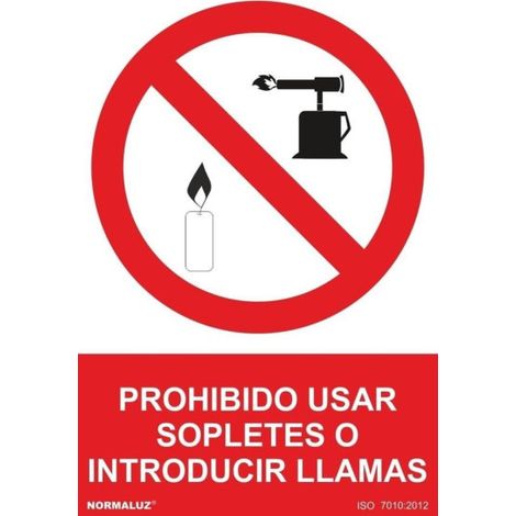 Señal de Prohibido usar sopletes o introducir llamas, con tintas UV SEKURECO                         210 x 300 mm                          CLASE B (ALUMINIO 0'5 mm) (1/2)