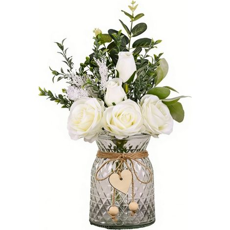 Fausses fleurs avec vase roses artificielles en soie dans un arrangement de plantes florales pour la maison, le bureau, la décoration de table à manger, centre de table blanc (1/5)