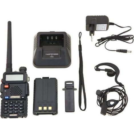 Baofeng UV-5R Talkie-walkie FM radio VHF/UHF avec double bande, affichage, veille et horloge intégrée (Casque ajouté, Noir) (1/4)