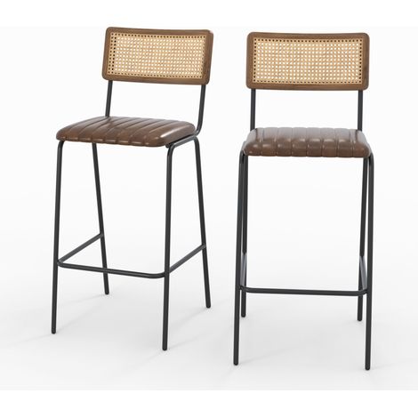 Set de 2 sillas de bar en enea y cuero marrón 76 cm - Arsène (1/4)