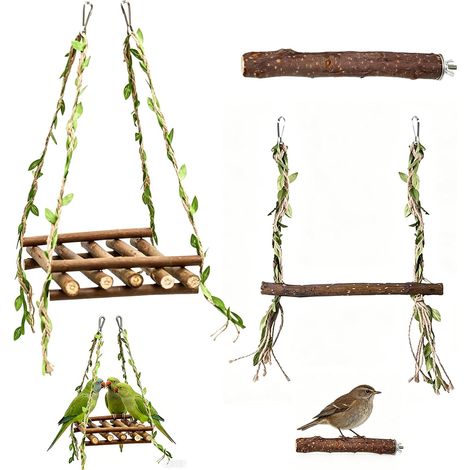 Accessoires de Cage pour Oiseaux 3 Pièces, 2 Balançoires en Bois Naturel et 1 Perchoir, Jouet Suspendu à Mâcher et à Grimper pour Perruche, Calopsitte et Petits Oiseaux (1/5)