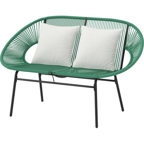 Gartenbank für 2 Personen aus Stahl und geflochtenem Kunstharzseil mit 2 Kissen – 132 x 72 x 83 cm – dunkelgrün