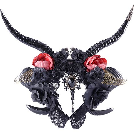 Serre-tête en corne d'antilope noire orné d'ailes d'ange en dentelle et roses, style gothique sombre, accessoire de cheveux Lolita japonais (1/4)