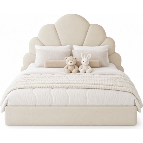 Lit double rembourré 140x200 cm en velours beige, tête de lit fleurie, design moderne, base antidérapante pour chambre adulte – CHICFURN (1/5)