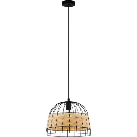 Lámpara colgante Eglo Anwick Forma Cónica Ø 37 cm. Salón y comedor. Estilo retro y vintage. Acero y Ratán. Color negro y natural (1/2)