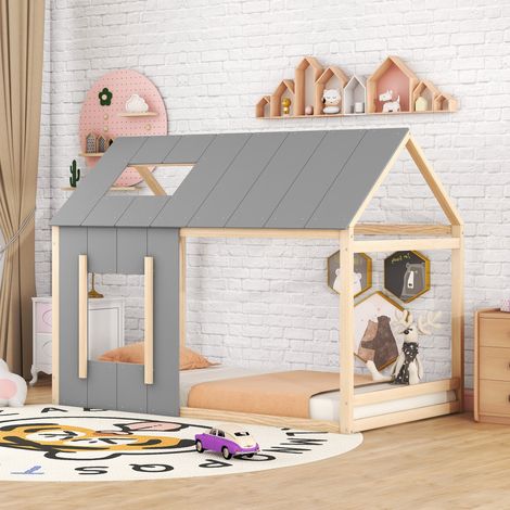 Lit enfant cabane 90x200 cm, style moderne, pin et MDF naturel et gris, avec toit et fenêtre (1/5)