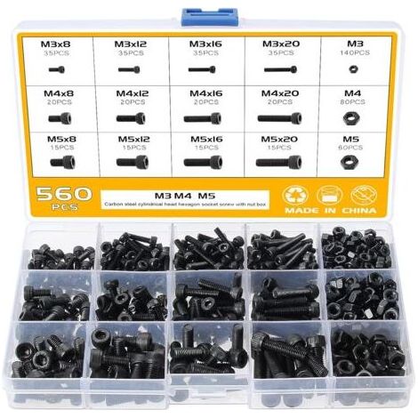 560PCS M3 M4 M5 Assortiment de Vis 6 Pans, Vis avec Écrous Assortiment, Vis à Tête Cylindrique à Six Pans Creux en Acier Carbone 12.9, Assortiment d'Écrous et Rondelles avec Clés (1/4)