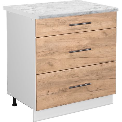 Mobiletto base per cucina Fame-Line, Rovere dorato, 80 cm con 3 cassetti, PL Marmo, Vicco