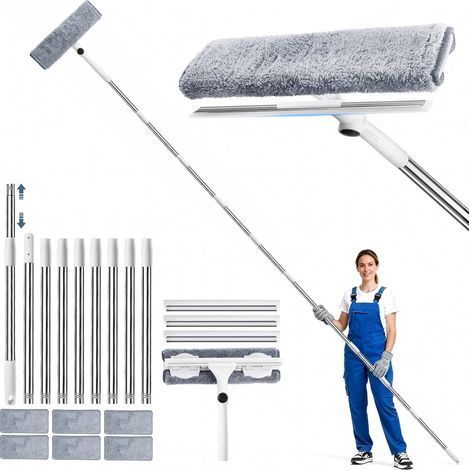 3,85m Raclette Vitre Professionnel, 2-en-1 Lave Vitre Telescopique avec Raclette en Silicone et Brosse en Microfibre, Kit Nettoyage Vitre pour Fenêtres Hautes Intérieures/Extérieures (1/5)