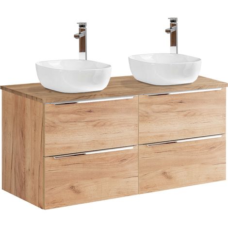 Petits-Meubles – Meuble double vasque 120cm – Finition chêne – Panneaux stratifiés MDF avec 70% de bois certifié FSC – Vasques en céramique (1/5)