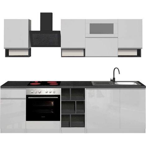 Dmora - Cuisine complète Dceccaron, Cuisine pratique et peu encombrante, Mur de cuisine avec 8 portes et 1 tiroir, 100% Made in Italy, 255x60h85 cm, Blanc brillant et ardoise (1/5)