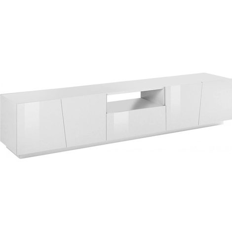 Dmora Mobile da soggiorno Porta TV, Made in Italy, Supporto per TV da salotto a 4 ante e 1 cassetto, cm 220x43h46, colore Bianco lucido, con imballo rinforzato (1/5)