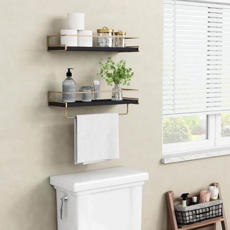 Mensole a muro galleggianti nere e oro, mensole da bagno sopra il WC, mensole in legno da appendere per angolo caffè in cucina (nero e oro, set da 2) (1/4)