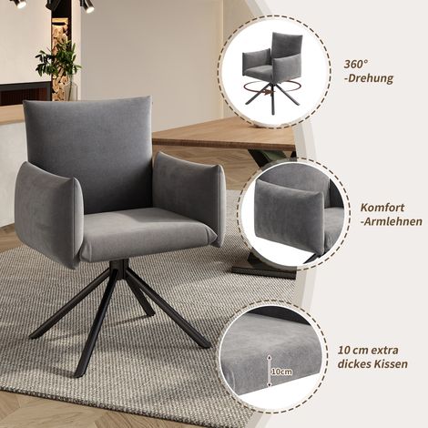 6 chaises de salle à manger, fauteuil rembourré à 4 pieds métalliques, siège pivotant 360° décontracté, chaise pour salon chambre, bureau et table de travail, soutien lombaire, velours, gris (1/5)