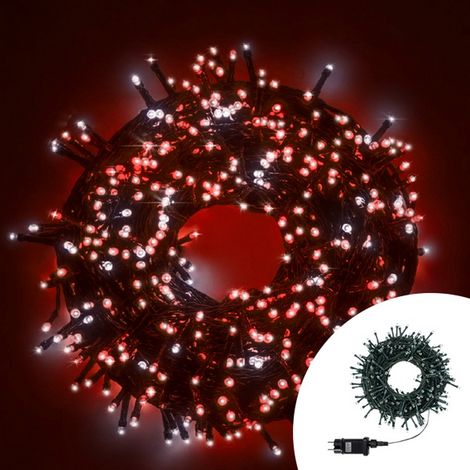 Luccika Home stringa catena 25 mt serie da 500 luci per albero di Natale a led bianco ghiaccio e rosso 31V cavo verde con 8 giochi di luce e memoria IP44 per uso esterno interno Bianco ghiaccio + ross (1/5)