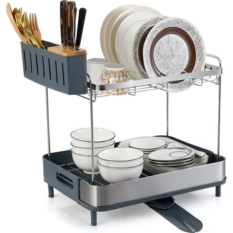 COSTWAY 2-Tier Dish Drying Rack Stainless Steel Dish Drainer with Cutlery Holder (1/5)