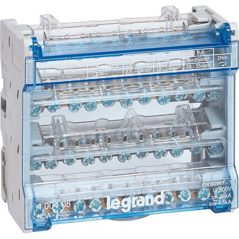 Legrand – 400408 – Répartiteur modulaire tétrapolaire 125A – 6 modules – 10 départs – Installation sur rail DIN – Courant max 125A