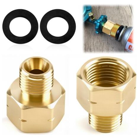 Lot de 2 adaptateurs de bouteille de gaz AG1/4" IKS à IG3/8" IKS - En laiton - Pour conduite de gaz, camping-car, camping, chauffe-gaz, réchaud à gaz, réchaud de camping (1/5)