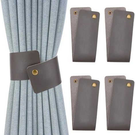 Embrasses de rideaux élégantes en cuir PU, style vintage gris avec boucle à pression. Idéales pour salon, chambre ou bureau. - Gris (1/5)