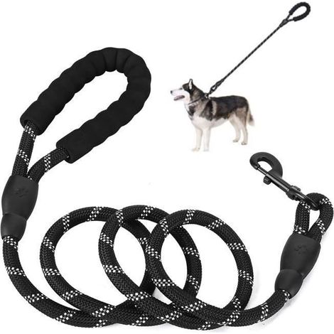 Laisse pour chien - MEIDONG - Corde 2m - Poignée rembourrée - Réfléchissante - Noir (1/4)