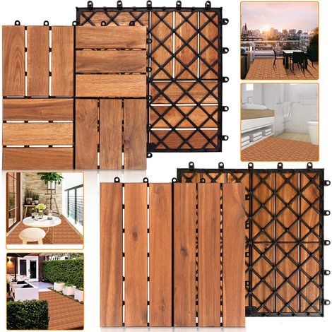 Jiubiaz Baldosa de madera de acacia 30 x 30 cm Losas para terraza Sistema de clic Exterior Baldosas clic Balcón Baldosas para terraza Madera, resistente a la intemperie Antideslizante 77x (1/5)