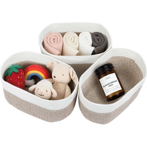 3-Pack Cotton Rope Storage Baskets 29x26x22cm Foldable Collapsible Organizer Slim Waschbar Bins for Bathroom Towels Baby Clothes Blankets Vanity Closet Nursery (Beige-White) (1/5)