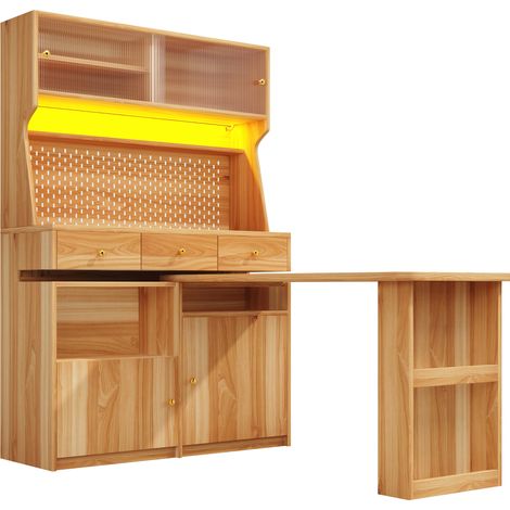 Aparador alto con escritorio y mesa bar LED, puertas de vidrio y estantes ajustables (1/5)